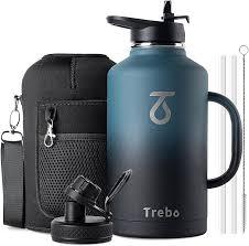Blue Trebo Water Bottle with carrying case, straw, and lid.