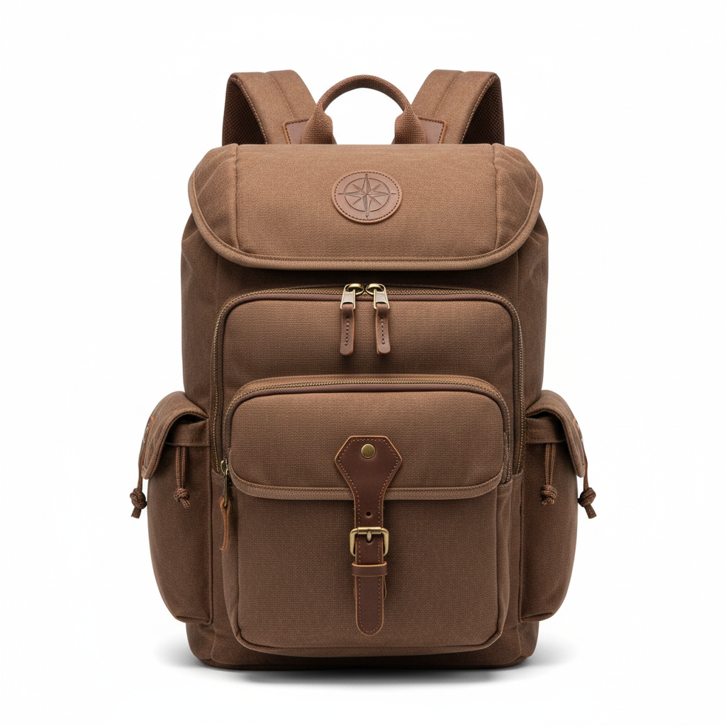 Brown canvas backpack with top flap, front pockets, and leather accents