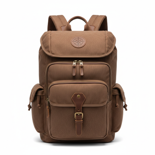 Brown canvas backpack with top flap, front pockets, and leather accents