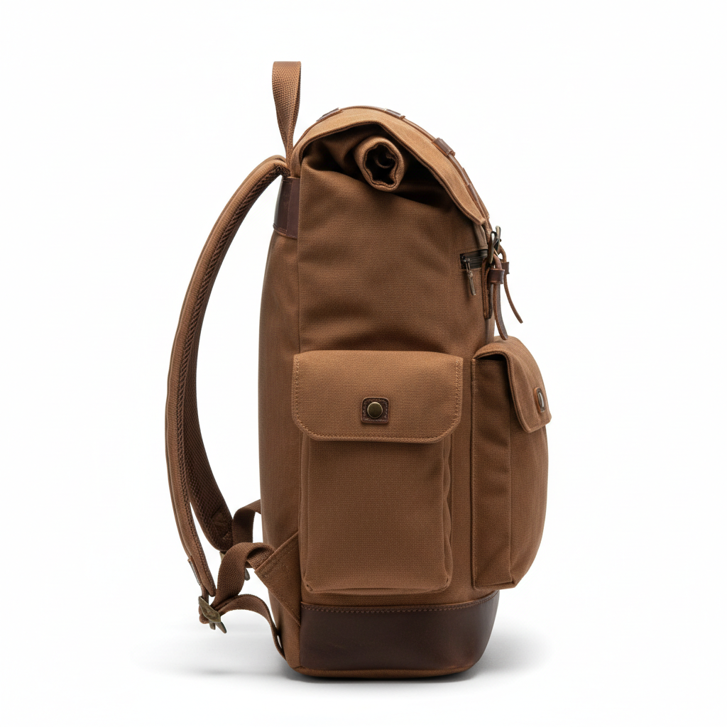Brown backpack with front pockets and leather base on white background