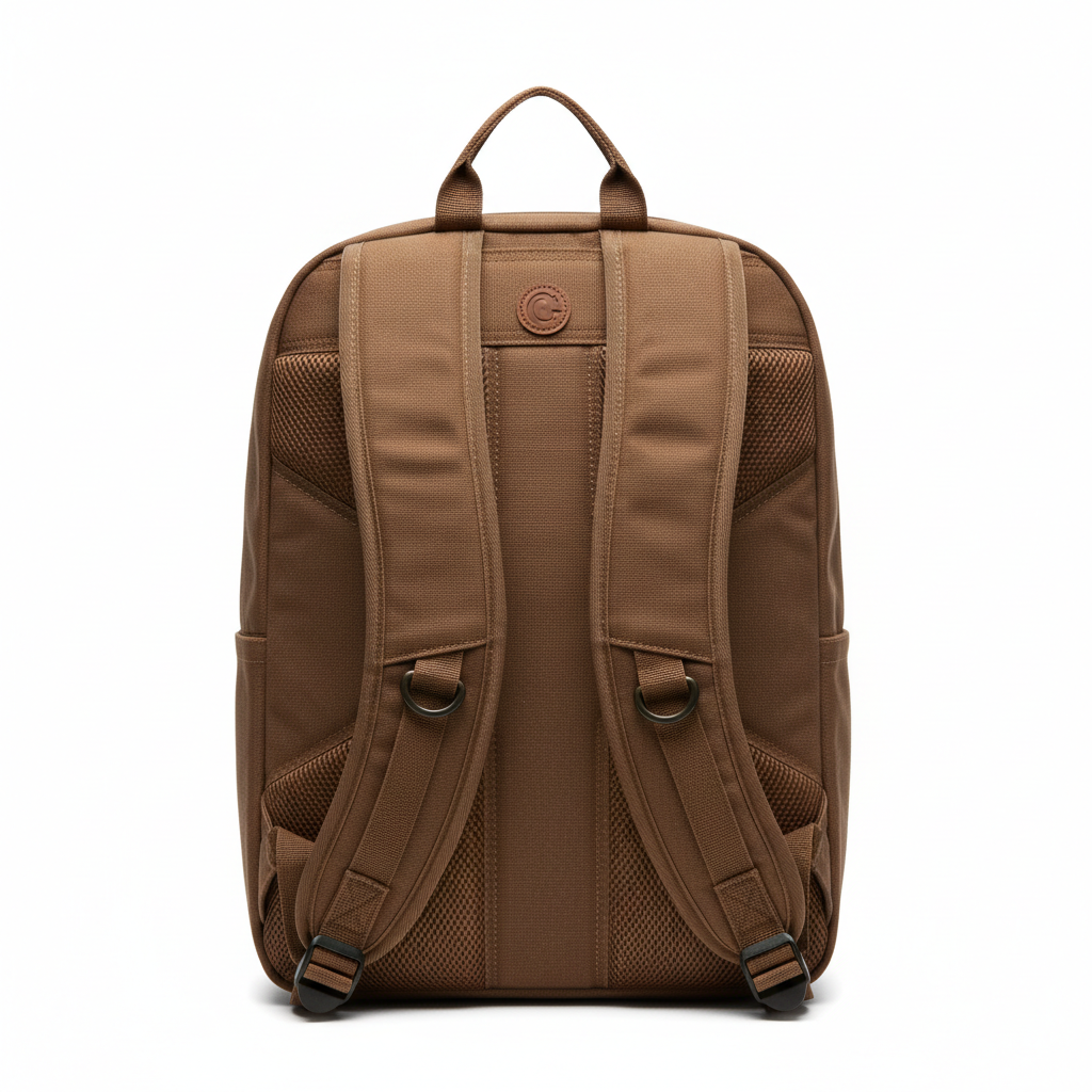 Brown backpack with padded straps and mesh side pockets