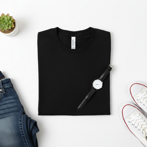 Front view of a minimalist classic white cotton t-shirt with a relaxed fit, ribbed crew neck, and clean hem