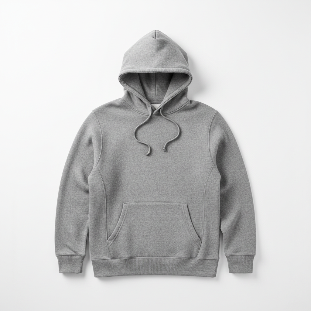 Front view of a relaxed-fit, heather gray Everyday Hoodie with an adjustable drawstring hood, kangaroo pocket, and soft fleece interior