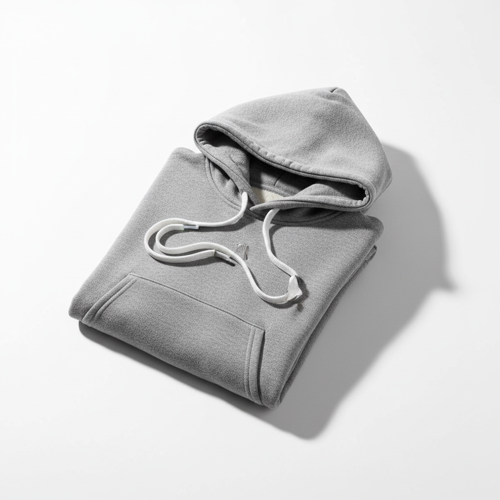 Front view of a relaxed-fit, heather gray Everyday Hoodie with an adjustable drawstring hood, kangaroo pocket, and soft cotton-blend fabric