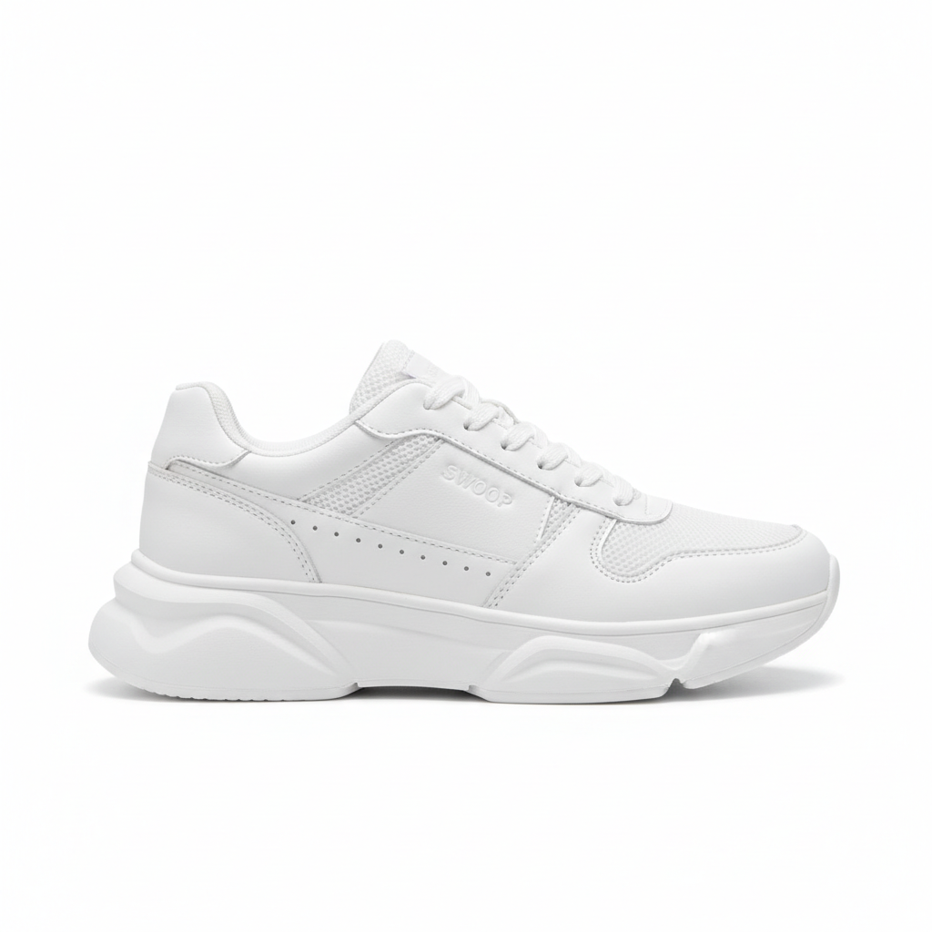 White minimalist daily sneakers with clean lines, beige suede accents, and a soft rubber sole, displayed on a neutral background