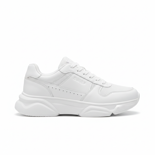 White minimalist daily sneakers with clean lines, beige suede accents, and a soft rubber sole, displayed on a neutral background