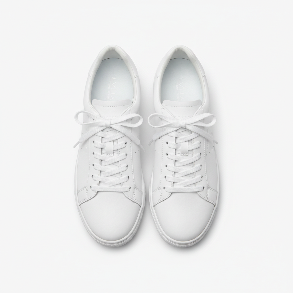 White minimalist daily sneakers with clean lines, beige suede accents, and a cushioned sole, displayed on a neutral background