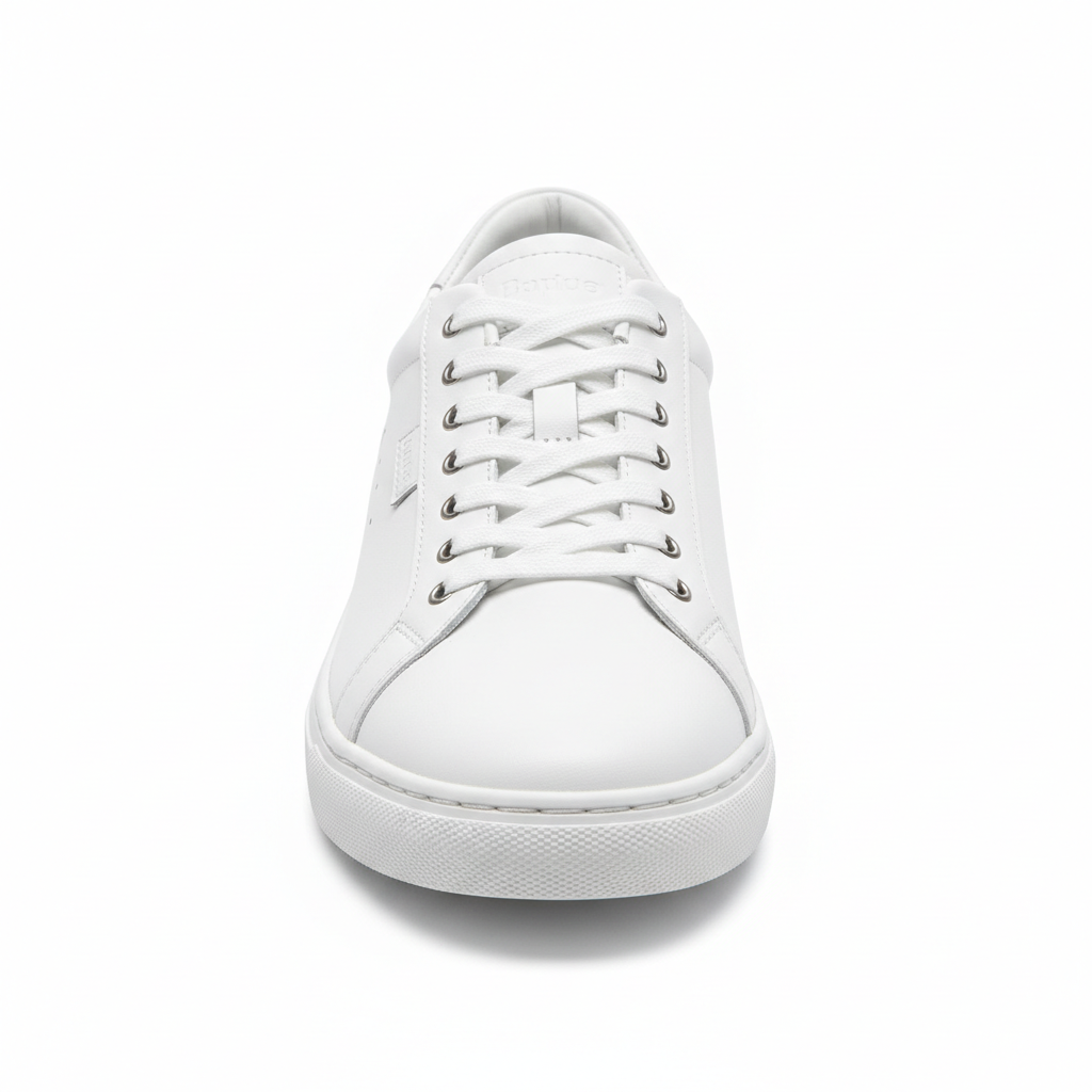 White minimalist daily sneakers with clean lines, textured knit uppers, and subtle branding on the tongue, shown on a neutral background